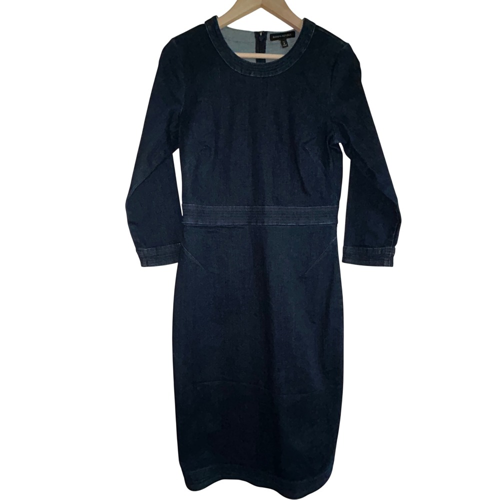 Banana Republic Dark Wash Denim Sheath Dress 3/4 Sleeve 8 Tall
